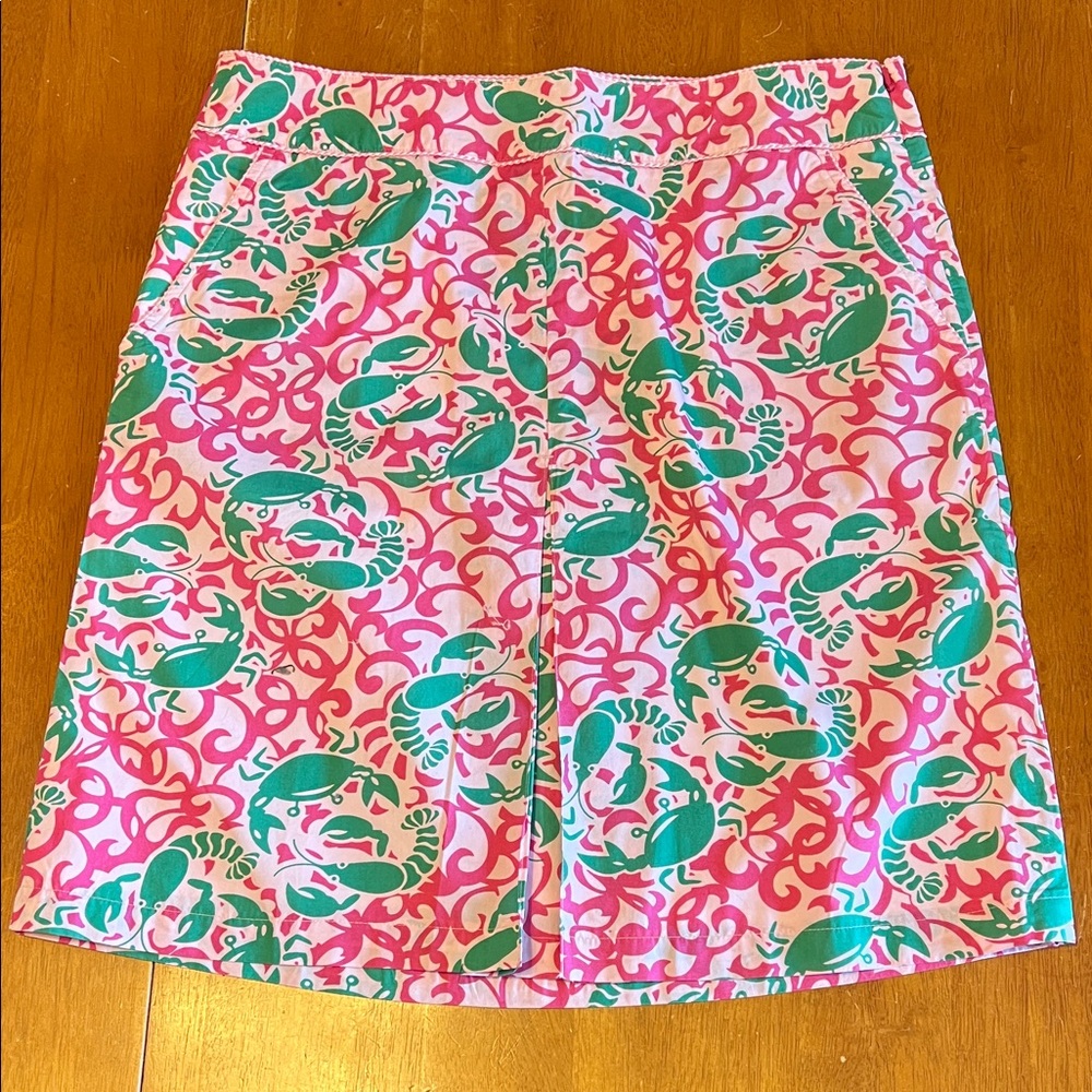 L.L. Bean Pink & Green Lobster and Crab Printed Cotton Skirt 12